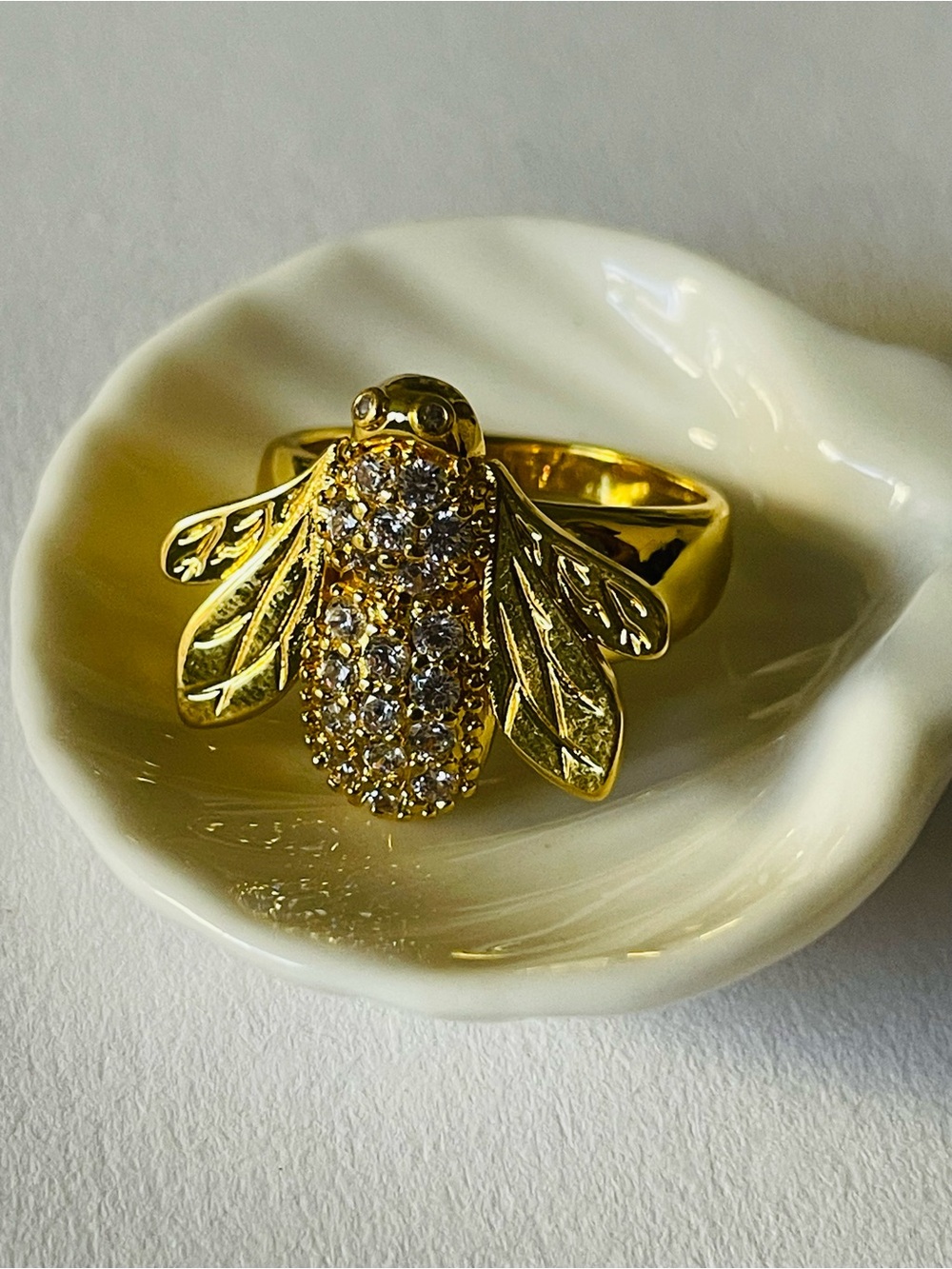 Gold Bee Cocktail Ring with Clear Crystals
